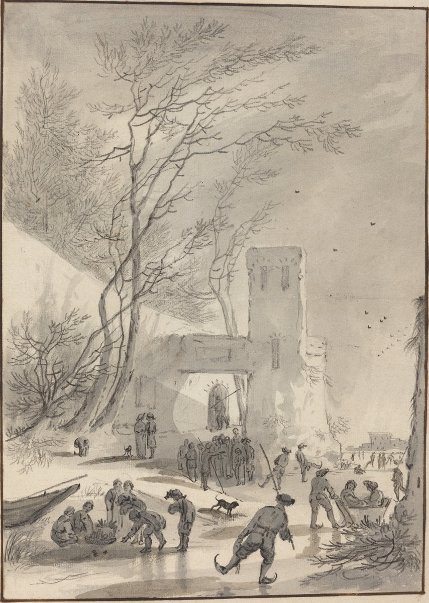Skaters Outside a City Wall by Hendrik van der Straaten (Dutch, 1665 - 1722), 16X12"(A3)Poster Print