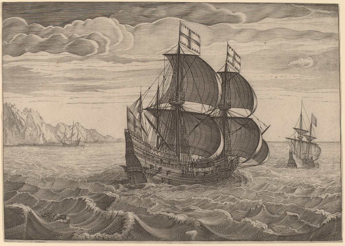 engraving by Follower of Pieter Bruegel the Elder (Ship in Full Sail with Two Flags), 16X12"(A3)Poster Print