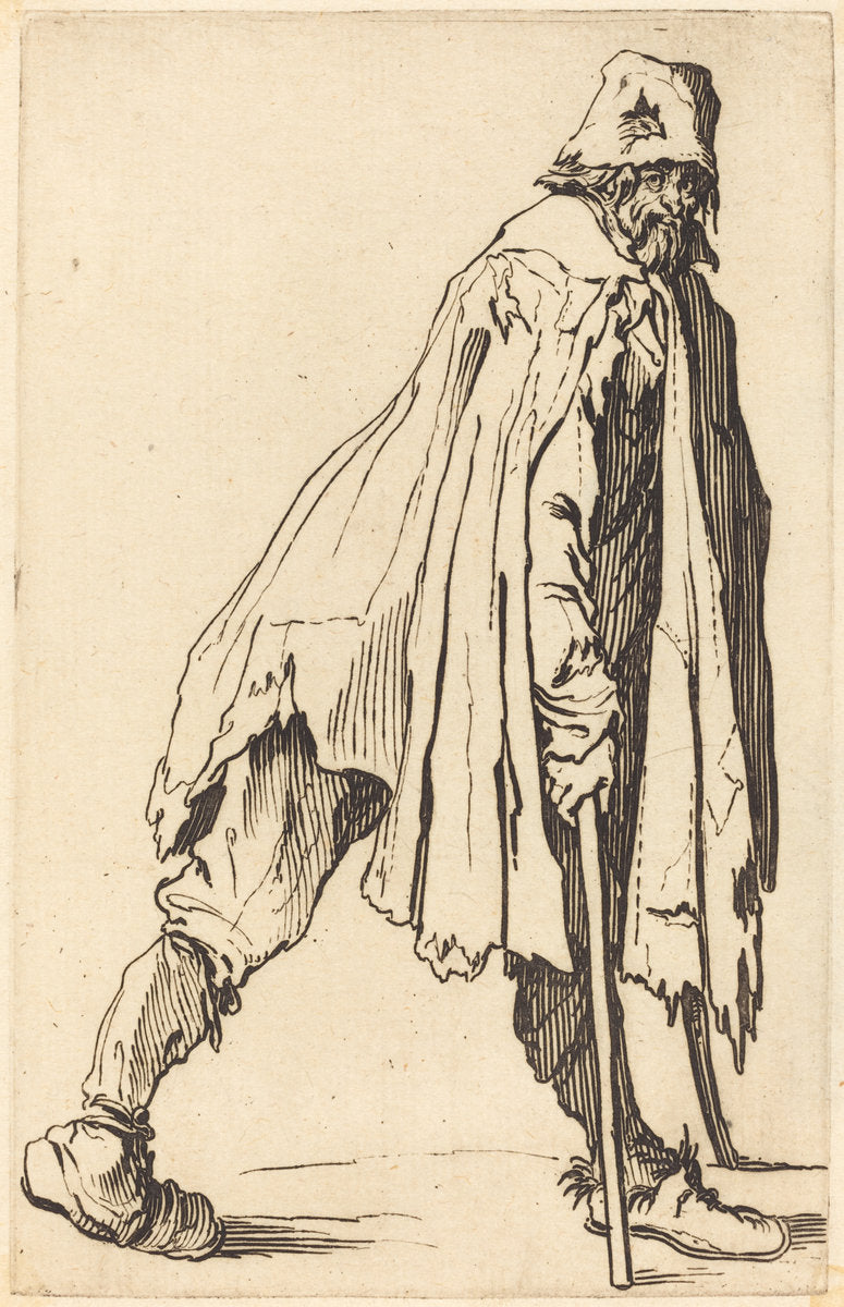 Beggar with Crutches and Cap by Jacques Callot (French, 1592 - 1635), 16X12"(A3)Poster Print