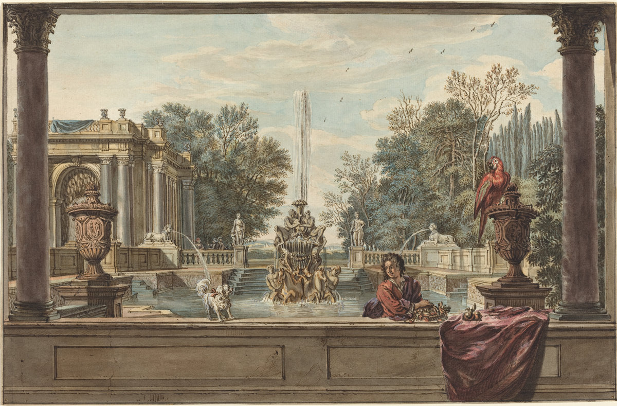 An Italianate Garden with a Parrot, a Poodle, and a Man by Isaac de Moucheron (Dutch, 1667 - 1744), 16X12"(A3)Poster Print