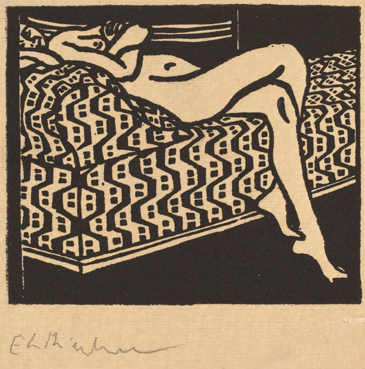Nude Girl Lying on a Sofa by Ernst Ludwig Kirchner (German, 1880 - 1938), 16X12"(A3)Poster Print