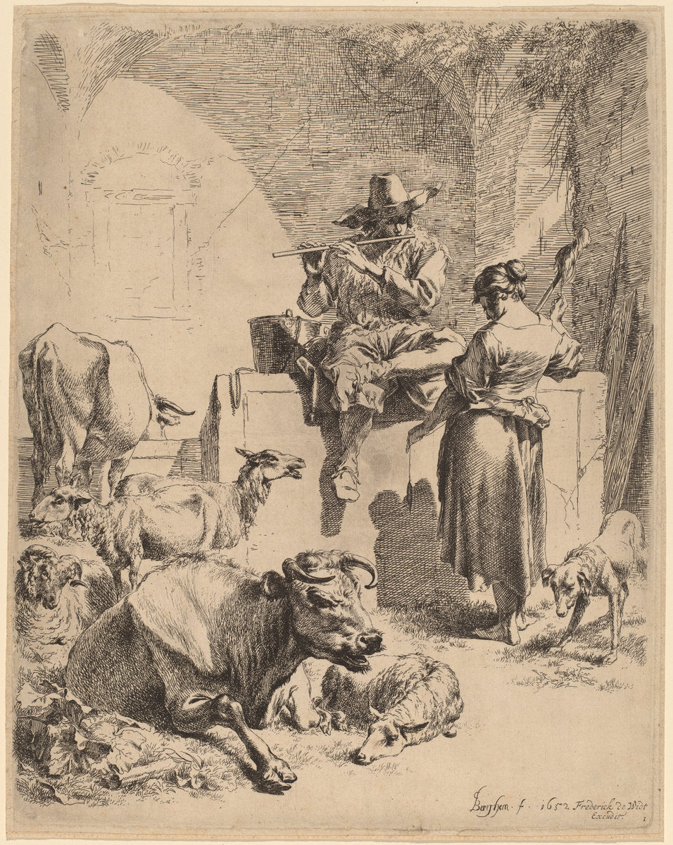 The Shepherd Seated on a Fountain and the Spinner by Nicolaes Pietersz Berchem (Dutch, 1620 - 1683), 16X12"(A3)Poster Print