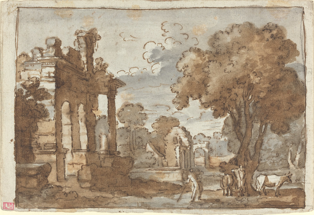 pen and brown ink and watercolor by Style of Claude Lorrain (Landscape), 16X12"(A3)Poster Print