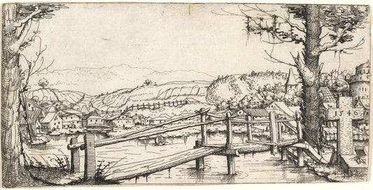 River Landscape with a Footbridge by Augustin Hirschvogel (German, 1503 - 1553), 16X12"(A3)Poster Print