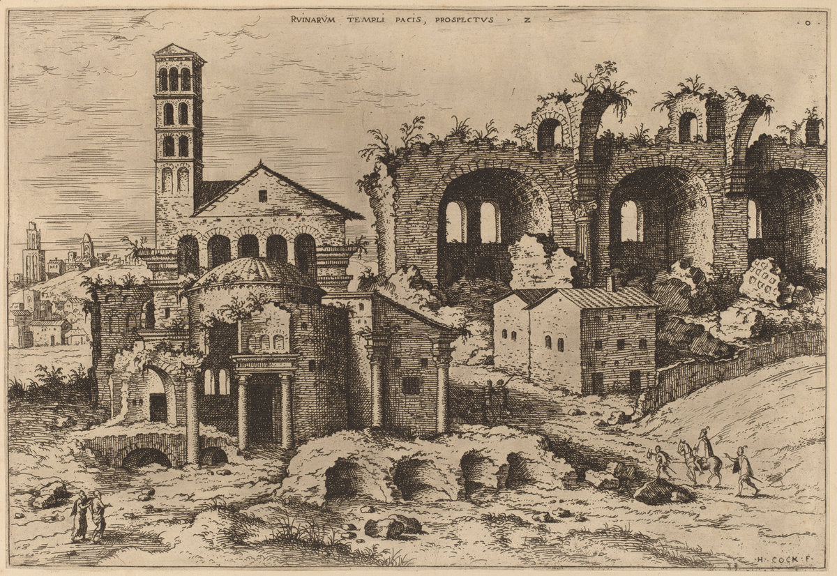 The Temple of Augustus and Faustina, the Temple of Divus Romulus, and the Basilica of Constantine by Hieronymus Cock (Flemish, c. 1510 - 1570), 16X12"(A3)Poster Print