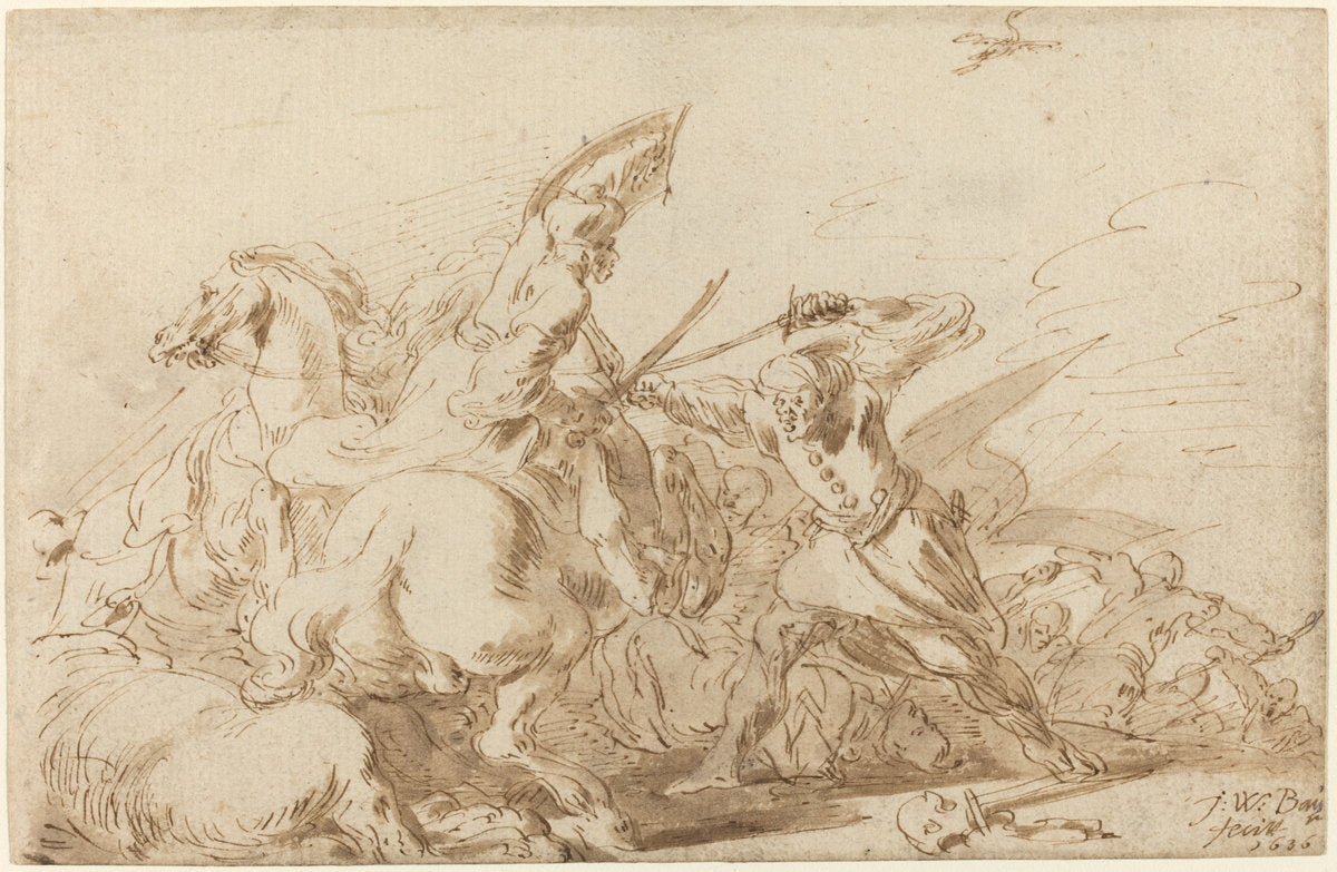 A Battle between Oriental Cavalry and Soldiers by Johann Wilhelm Baur (German, 1607 - 1641), 16X12"(A3)Poster Print