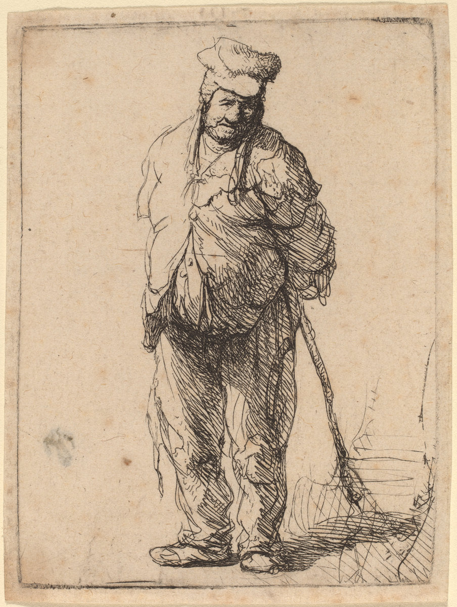 Ragged Peasant with His Hands behind Him, Holding a Stick by Rembrandt van Rijn (Dutch, 1606 - 1669), 16X12"(A3)Poster Print