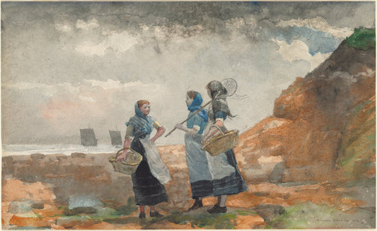 Three Fisher Girls, Tynemouth by Winslow Homer (American, 1836 - 1910), 16X12"(A3)Poster Print