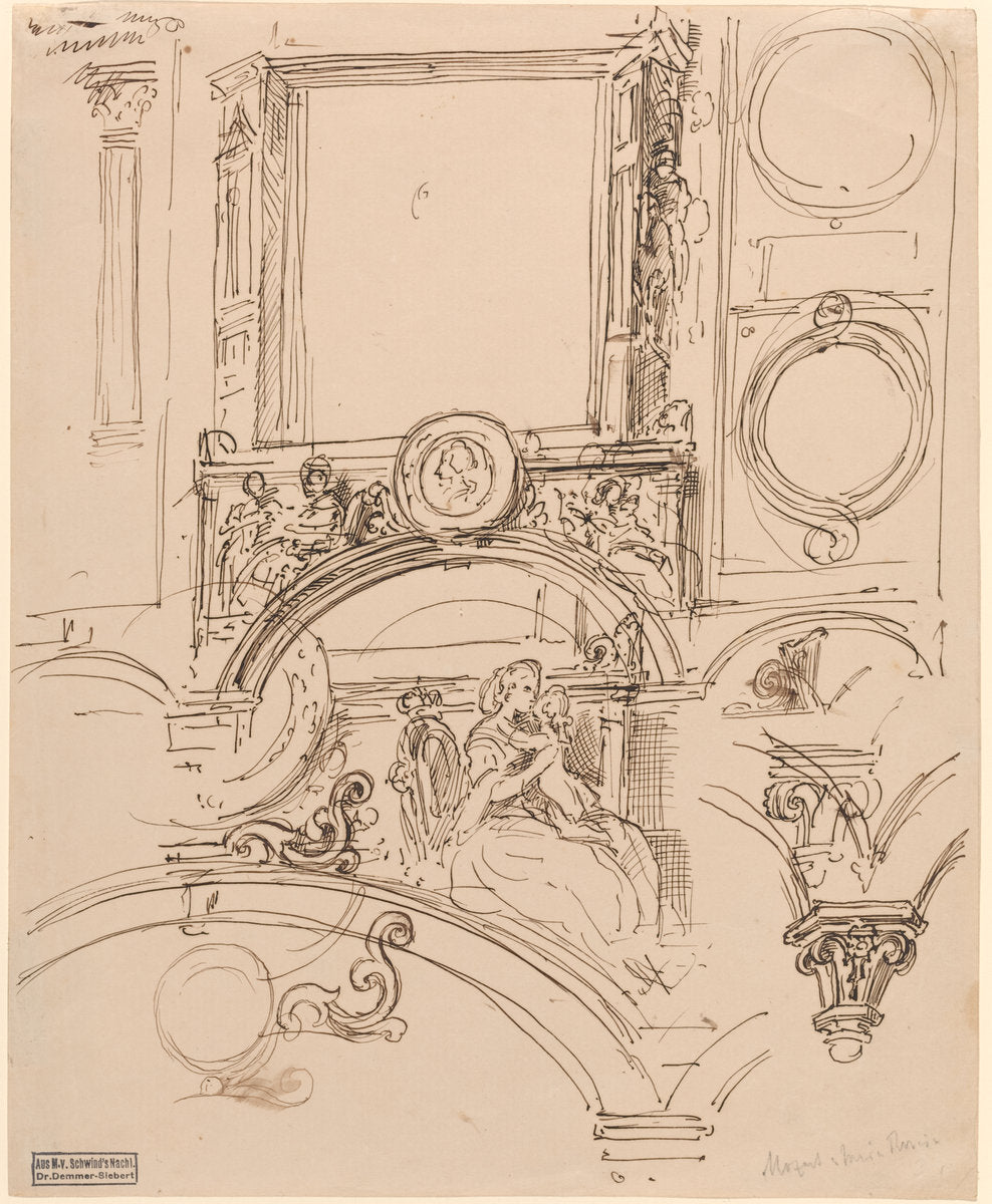 Architectural Details for a Wall Decoration with Empress Maria Theresia Embracing the Young Wolfgang Amadeus Mozart by Moritz von Schwind (Austrian, 1804 - 1871), 16X12"(A3)Poster Print
