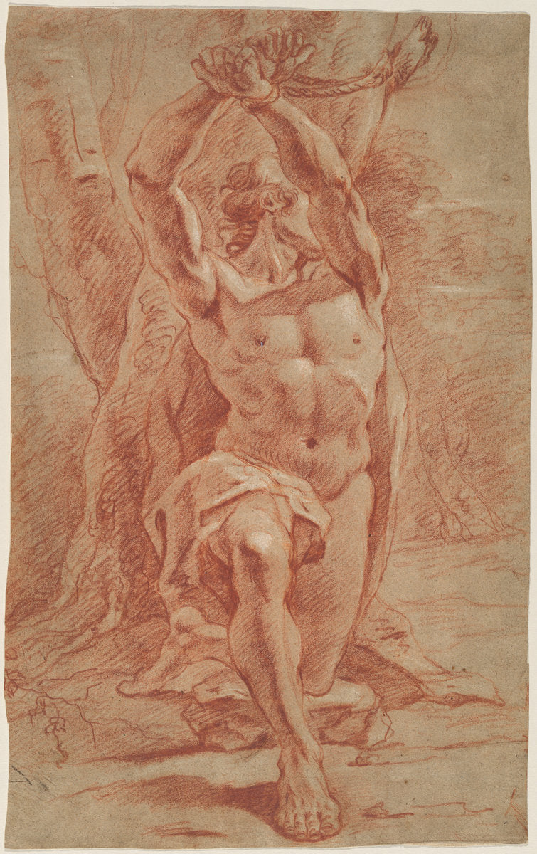 c. 1685 by French 17th Century (Kneeling Man Bound to a Tree), 16X12"(A3)Poster Print