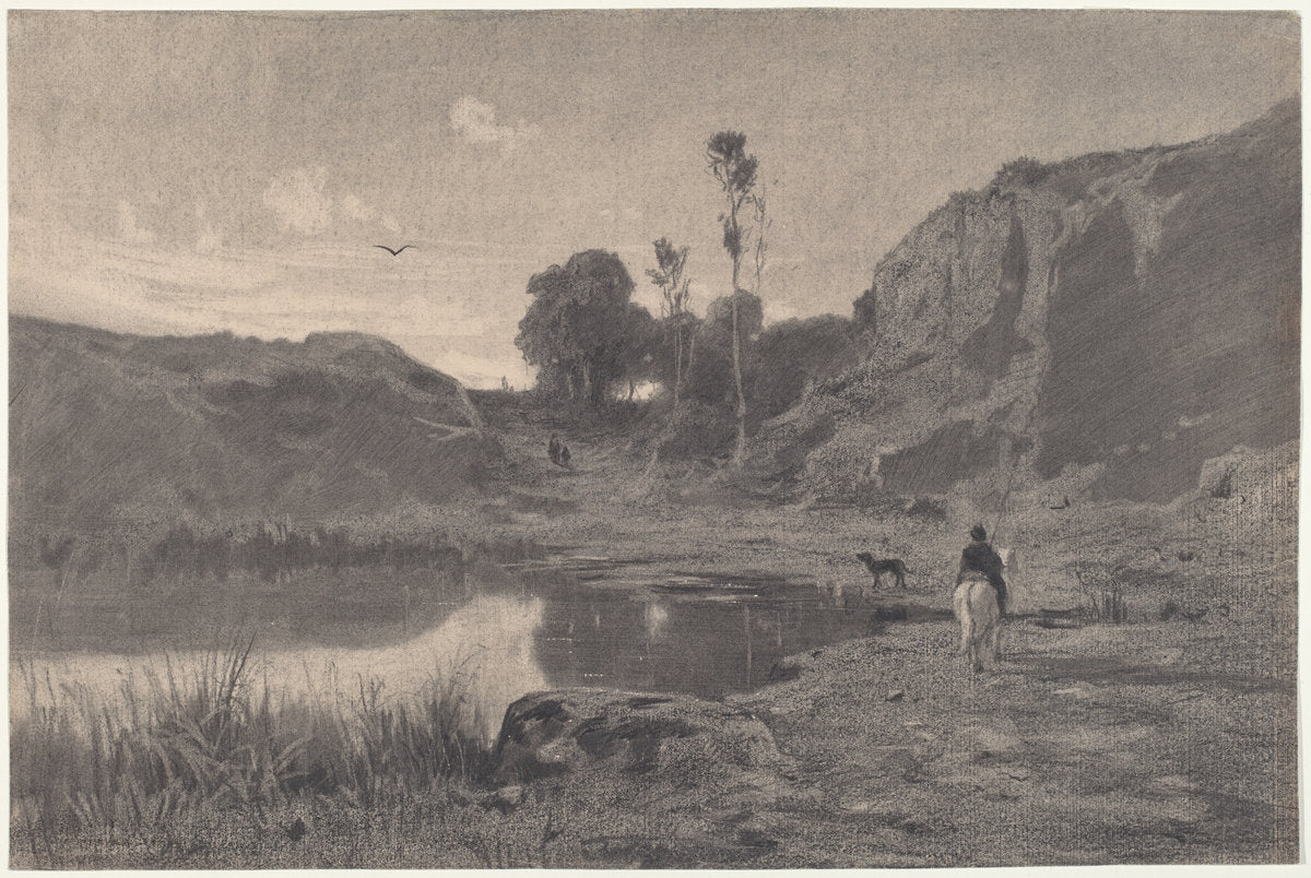 A Rider by a Mountain Pond at Sunset by Adolphe Appian (French, 1818 - 1898), 16X12"(A3)Poster Print