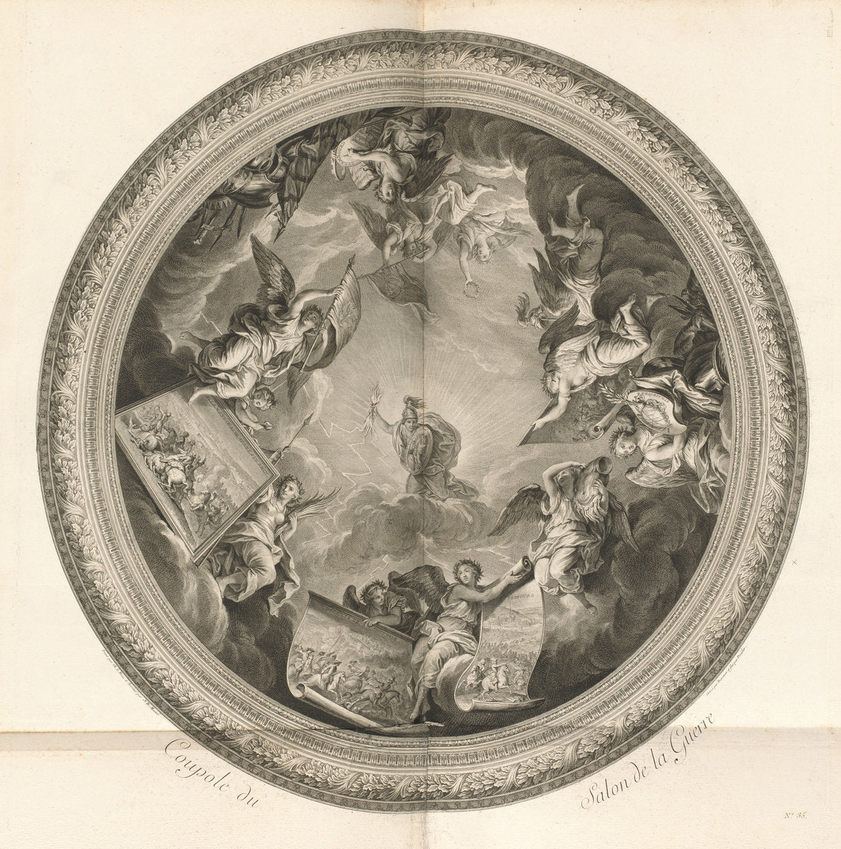 Coupole du Salon de la Guerre (Cupola of the Salon of War) [pl. 35] by Jean-Baptiste Massé (designer) and engravers Simon Francois Ravenet I and Johann Martin Preissler after Charles Le Brun (French, 1687 - 1767), 16X12"(A3)Poster Print