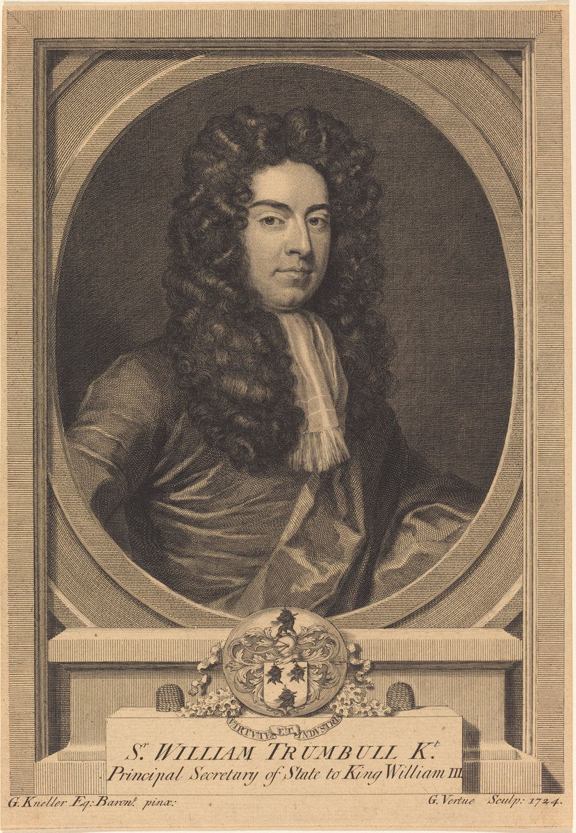 William Trumbull by George Vertue after Sir Godfrey Kneller (English, 1684 - 1756), 16X12"(A3)Poster Print