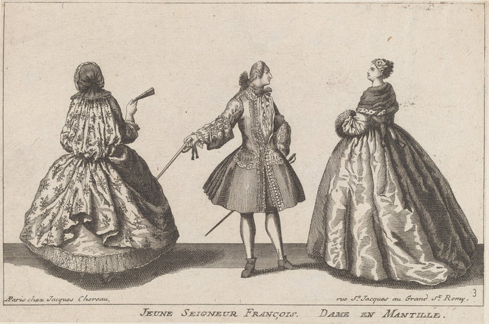 Jeune Seigneur François/Dame en Mantille by published by Jacques Chéreau (French, 1688 - 1776), 16X12