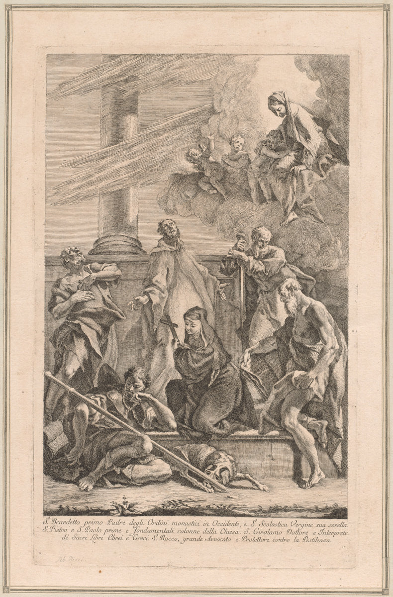 The Madonna and Child with Two Angels and Saints Scholastica, Benedict, Roch, Peter, Paul and Jerome by Francesco Fontebasso after Sebastiano Ricci (Venetian, 1709 - 1769), 16X12"(A3)Poster Print