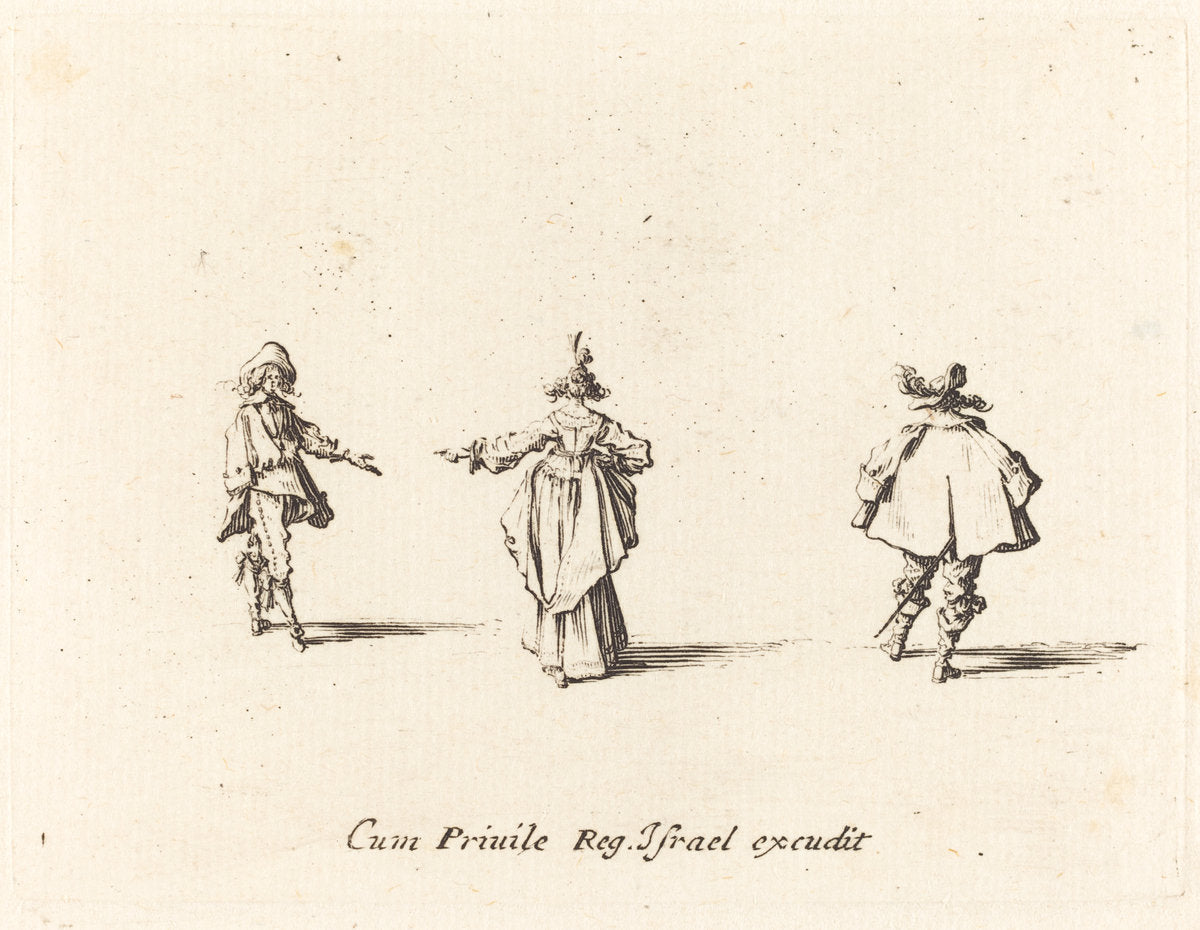 Lady with Outstretched Arm,  Seen from Behind, and Two Gentlemen by Jacques Callot (French, 1592 - 1635), 16X12"(A3)Poster Print