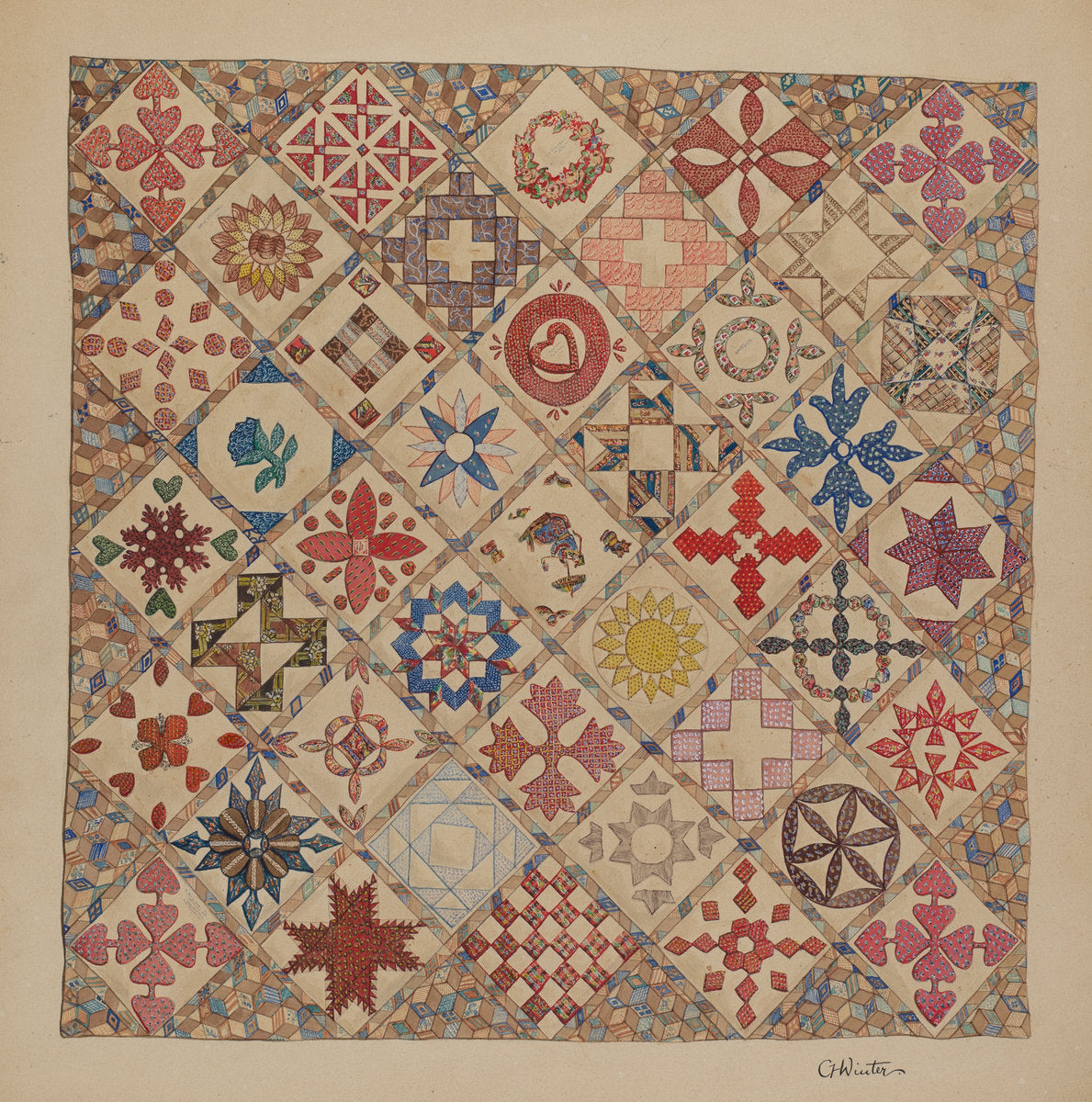 Bedspread (Detail of Center) by Charlotte Winter (American, active c. 1935), 16X12"(A3)Poster Print