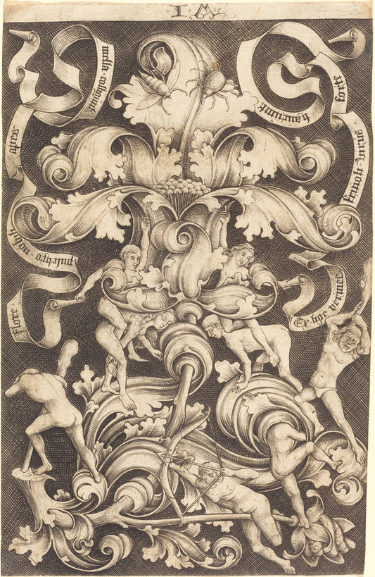 Ornament with Flower and Eight Wild Folk by Israhel van Meckenem (German, c. 1445 - 1503), 16X12"(A3)Poster Print