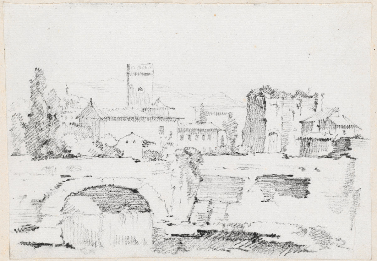 An Italian Town with a Stone Bridge and a Waterfall by Joseph-Marie Vien (French, 1716 - 1809), 16X12"(A3)Poster Print