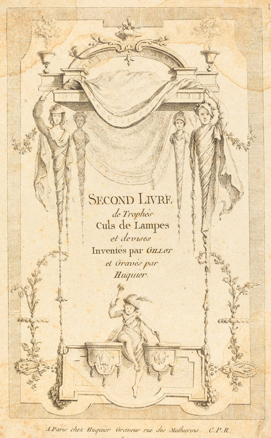 Second Livre de Trophés Culs de Lampes et Devises: Title Page by Gabriel Huquier after Claude Gillot (French, 1695 - 1772), 16X12"(A3)Poster Print
