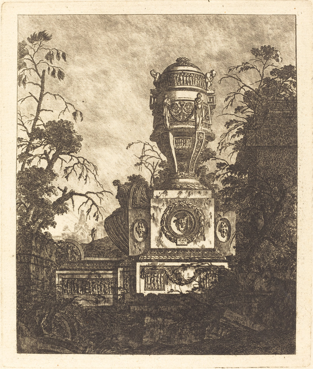 Vase Supported by a Base with Three  Grotesque Faces by Jean-Laurent Legeay (French, c. 1710 - after 1788), 16X12"(A3)Poster Print
