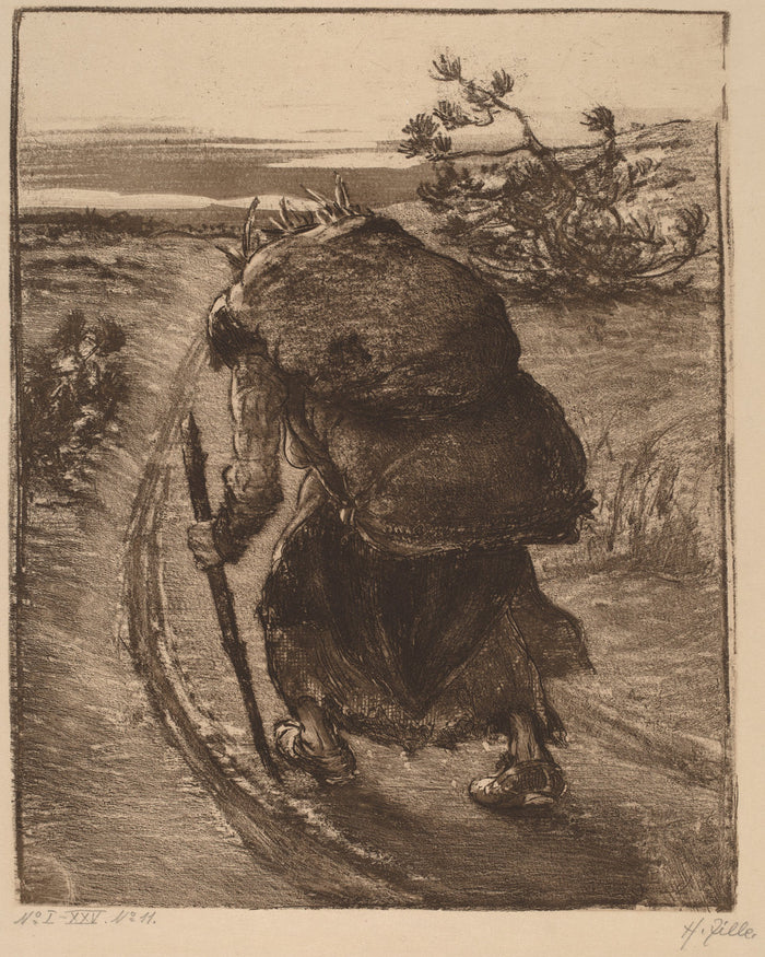 A Woman Carrying a Bundle of Sticks by Heinrich Zille (German, 1858 - 1929), 16X12