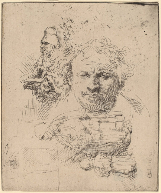 Sheet of Studies with the Head of the Artist, a Beggar Man, and Woman and Child by Rembrandt van Rijn (Dutch, 1606 - 1669), 16X12"(A3)Poster Print
