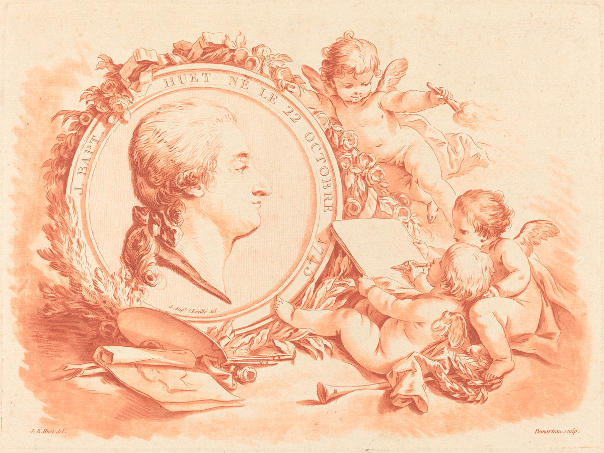 Allegorical Portrait of Jean-Baptiste Hüet by Gilles Demarteau, the Elder after Jean-Baptiste Hüet, I after Jean-Augustin Léveillé (French, 1722 - 1776), 16X12"(A3)Poster Print