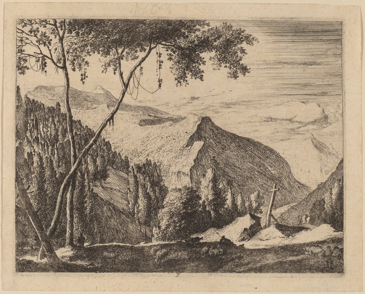 Rocky Landscape with Cross: pl.5 by Roelant Roghman and Melchior Küsel (German, 1626 - 1683), 16X12"(A3)Poster Print