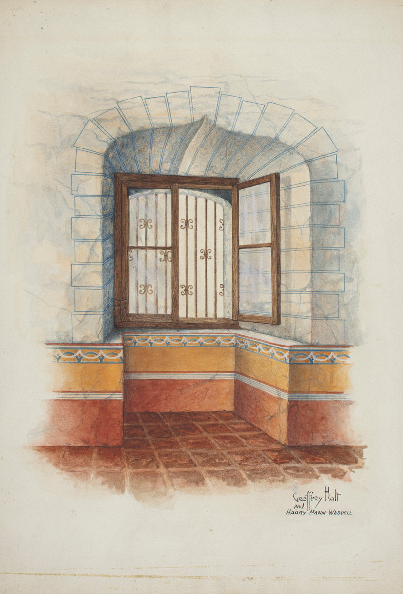 Restoration Drawing: Wall Painting Around Window, with Grille by Geoffrey Holt and Harry Mann Waddell (American, active c. 1935), 16X12"(A3)Poster Print