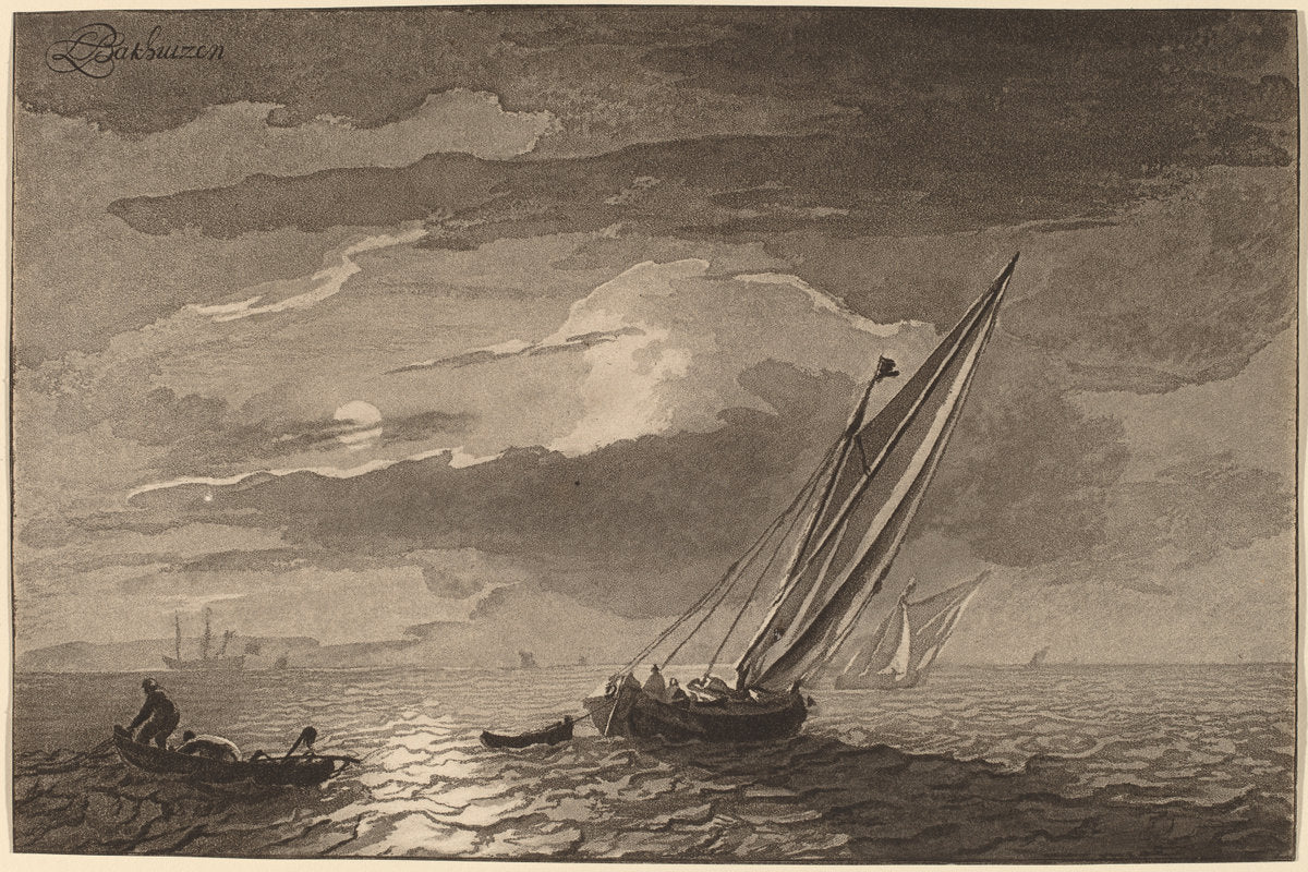 Seascape with Full Moon by Cornelis Ploos van Amstel and Cornelis Brouwer after Ludolf Backhuysen (Dutch, active second half 18th century), 16X12"(A3)Poster Print