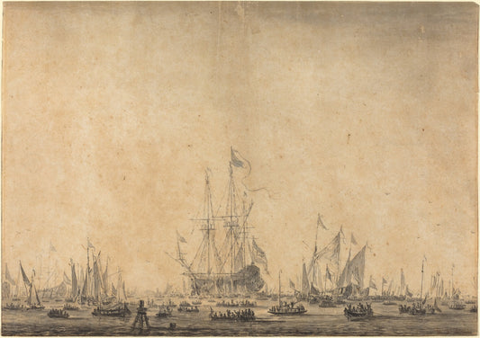 pen and black ink with gray wash on laid paper by Style of Willem van de Velde the Younger (Marine), 16X12"(A3)Poster Print