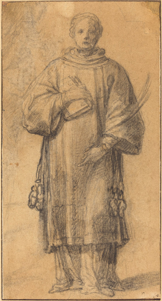 black chalk, heightened with white chalk on tan laid paper by Spanish 17th Century (A Standing Saint Holding a Book and a Palm Frond), 16X12"(A3)Poster Print