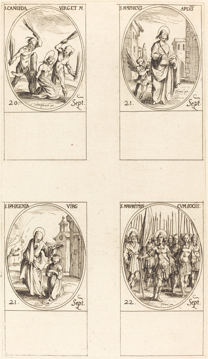 St. Canida; St. Matthew; St. Ipigenia; St. Maurice and Companions by Jacques Callot (French, 1592 - 1635), 16X12"(A3)Poster Print