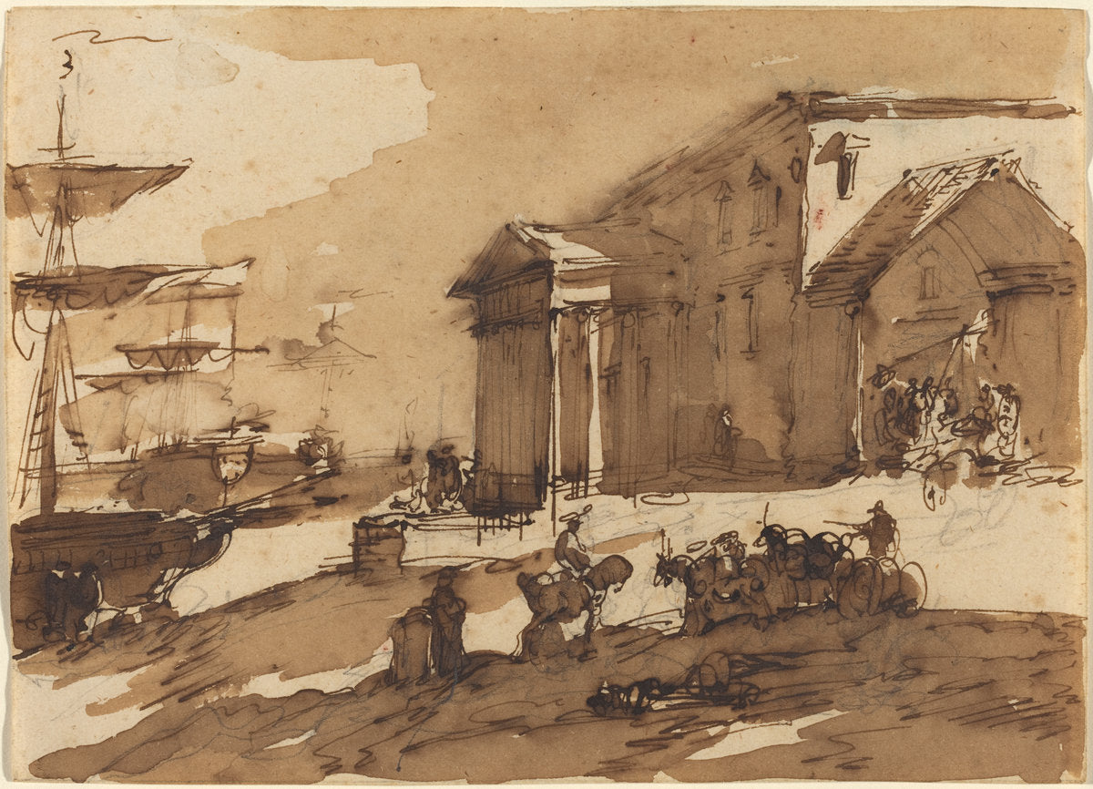 Capriccio of a Port Scene by Giuseppe Bernardino Bison (Venetian, 1762 - 1844), 16X12"(A3)Poster Print