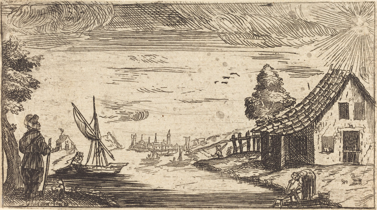 etching by after Jacques Callot (Landscape with Figure and Boat), 16X12"(A3)Poster Print