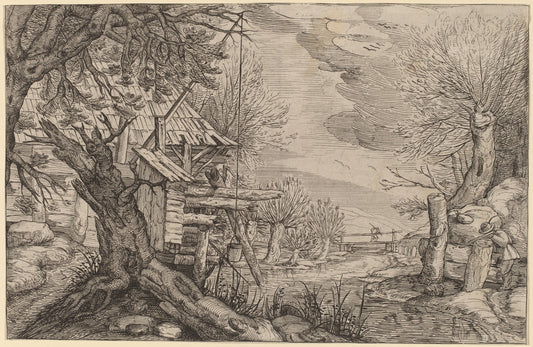 etching by Dutch 17th Century, formerly Jacques de Gheyn II (Landscape with Log House near a River), 16X12"(A3)Poster Print
