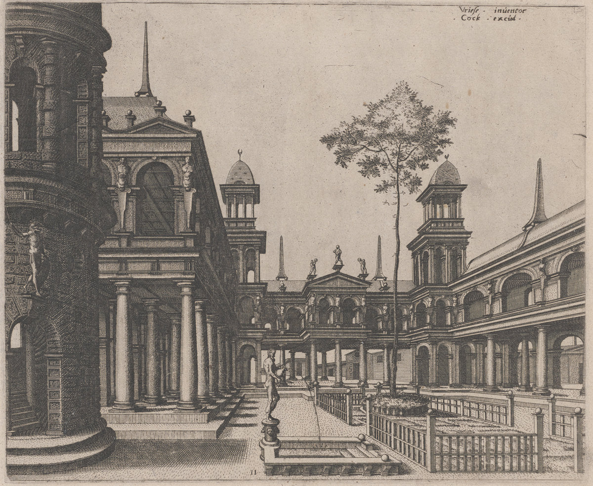 Square with a Circular Building on the Left and an Obelisk in the Background by Lucas van Doetechum and Johannes van Doetechum, the Elder, after Hans Vredeman de Vries (Dutch, active 1554/1572; died before 1589), 16X12"(A3)Poster Print