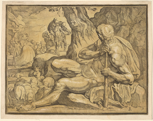 Ulysses and Polyphemus by John Baptist Jackson, after Francesco Primaticcio (English, 1701 - c. 1780), 16X12"(A3)Poster Print