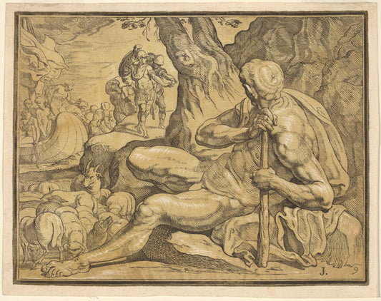 Ulysses and Polyphemus by John Baptist Jackson, after Francesco Primaticcio (English, 1701 - c. 1780), 16X12"(A3)Poster Print