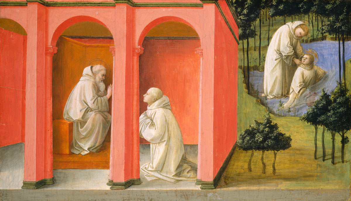 Saint Benedict Orders Saint Maurus to the Rescue of Saint Placidus by Fra Filippo Lippi (Italian, c. 1406 - 1469), 16X12"(A3)Poster Print