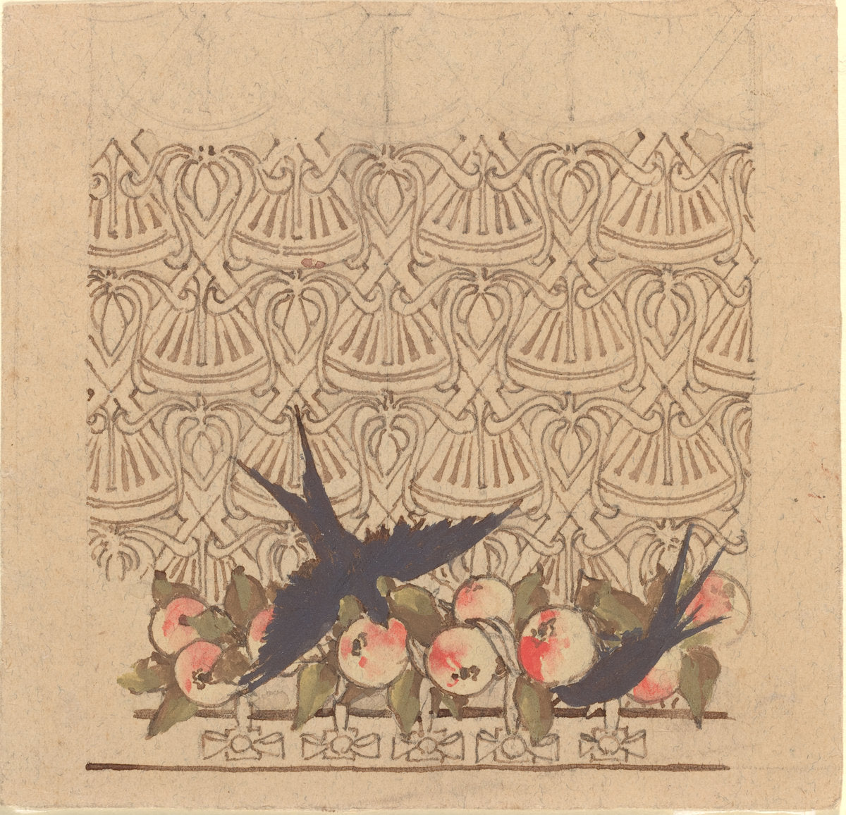 Ornamental design with two birds pecking at fruit by Karel Vitezslav Masek (Czech, 1865 - 1927), 16X12"(A3)Poster Print