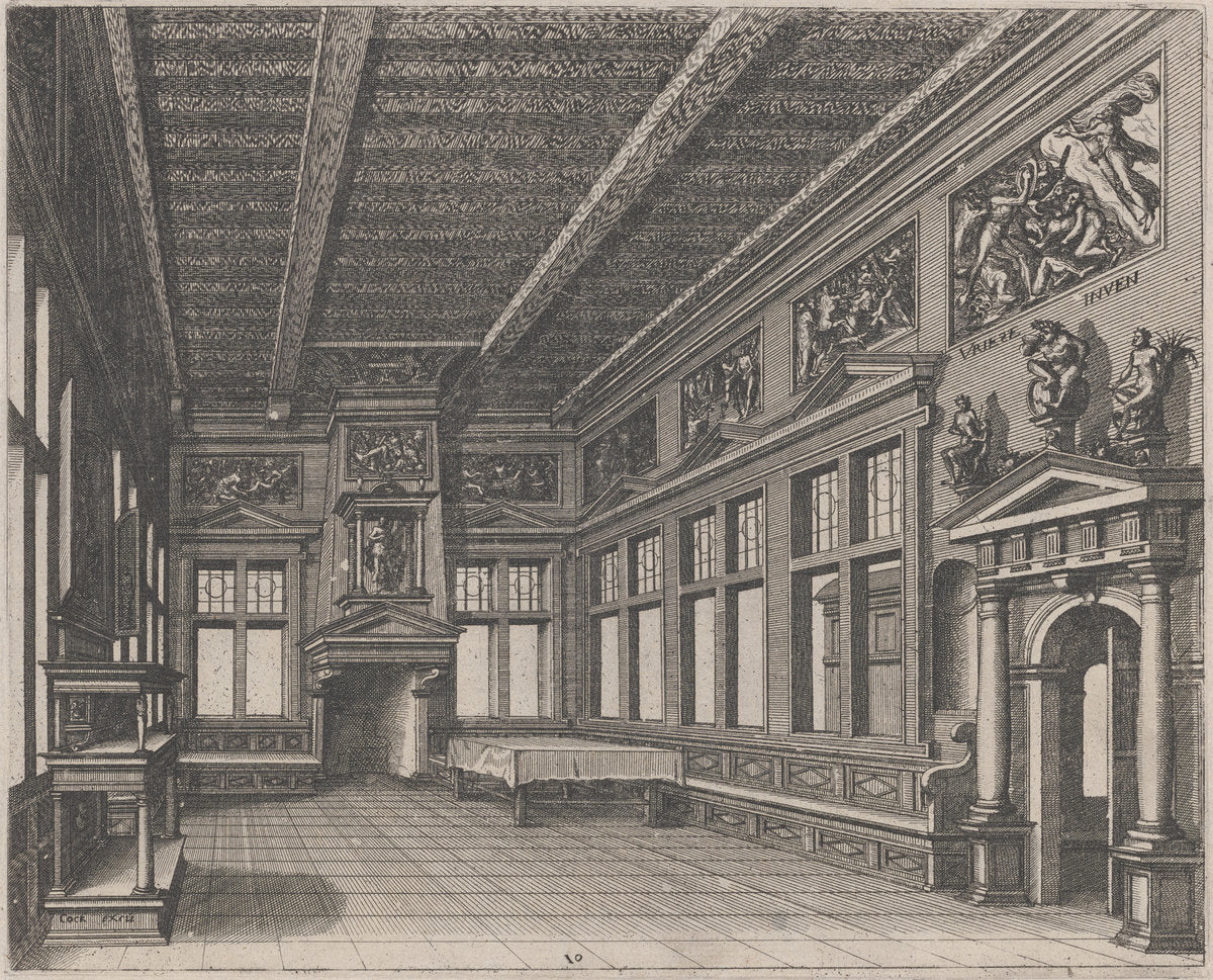 Interior with Buffet, Chimney, and Religious Paintings by Lucas van Doetechum and Johannes van Doetechum, the Elder, after Hans Vredeman de Vries (Dutch, active 1554/1572; died before 1589), 16X12"(A3)Poster Print