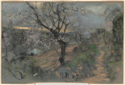 A Hillside Path with Blooming Cherry Trees under an Overcast Sky by Francesco Paolo Michetti (Italian, 1851 - 1929), 16X12"(A3)Poster Print