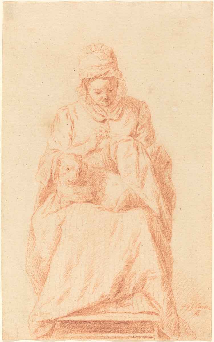 Young Woman Sewing with a Dog Resting on Her Lap by Johann Gottlieb Glume (German, 1711 - 1778), 16X12"(A3)Poster Print