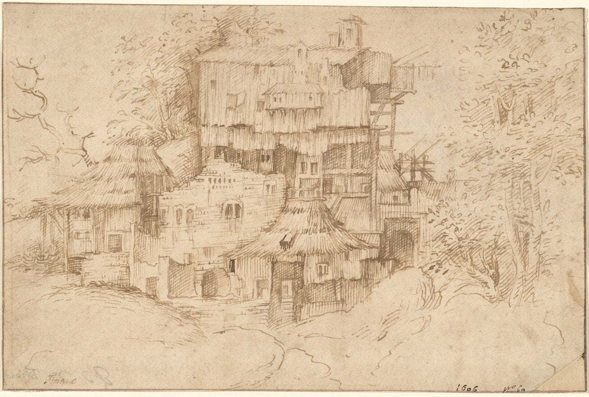 A Complex of Rustic Houses Built Over Ruins by Circle of Giorgione (Giulio Campagnola?) (Venetian, 1477/1478 - 1510), 16X12"(A3)Poster Print
