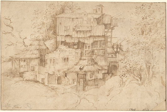 A Complex of Rustic Houses Built Over Ruins by Circle of Giorgione (Giulio Campagnola?) (Venetian, 1477/1478 - 1510), 16X12"(A3)Poster Print