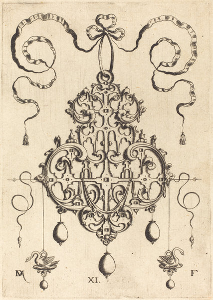 Strapwork Pendant with Two Swans as Earrings at Left and Right by Daniel Mignot (German, active 1593/1596), 16X12"(A3)Poster Print
