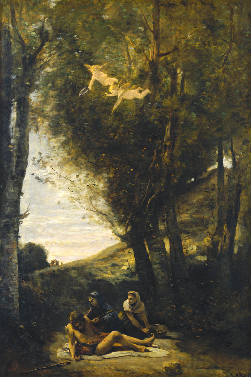Saint Sebastian Succored by the Holy Women by Jean-Baptiste-Camille Corot (French, 1796 - 1875), 16X12"(A3)Poster Print