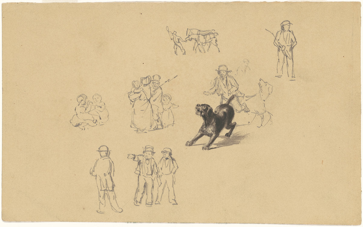 Barking Dog and Studies for "Militia Training" by James Goodwyn Clonney (American, 1812 - 1867), 16X12"(A3)Poster Print